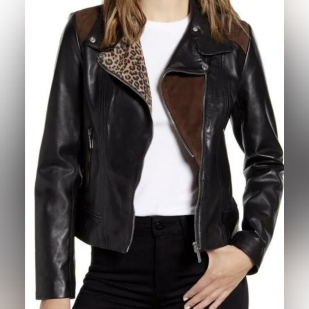 Leather Moto Jacket Bernardo Women black and animal print size small good Brown